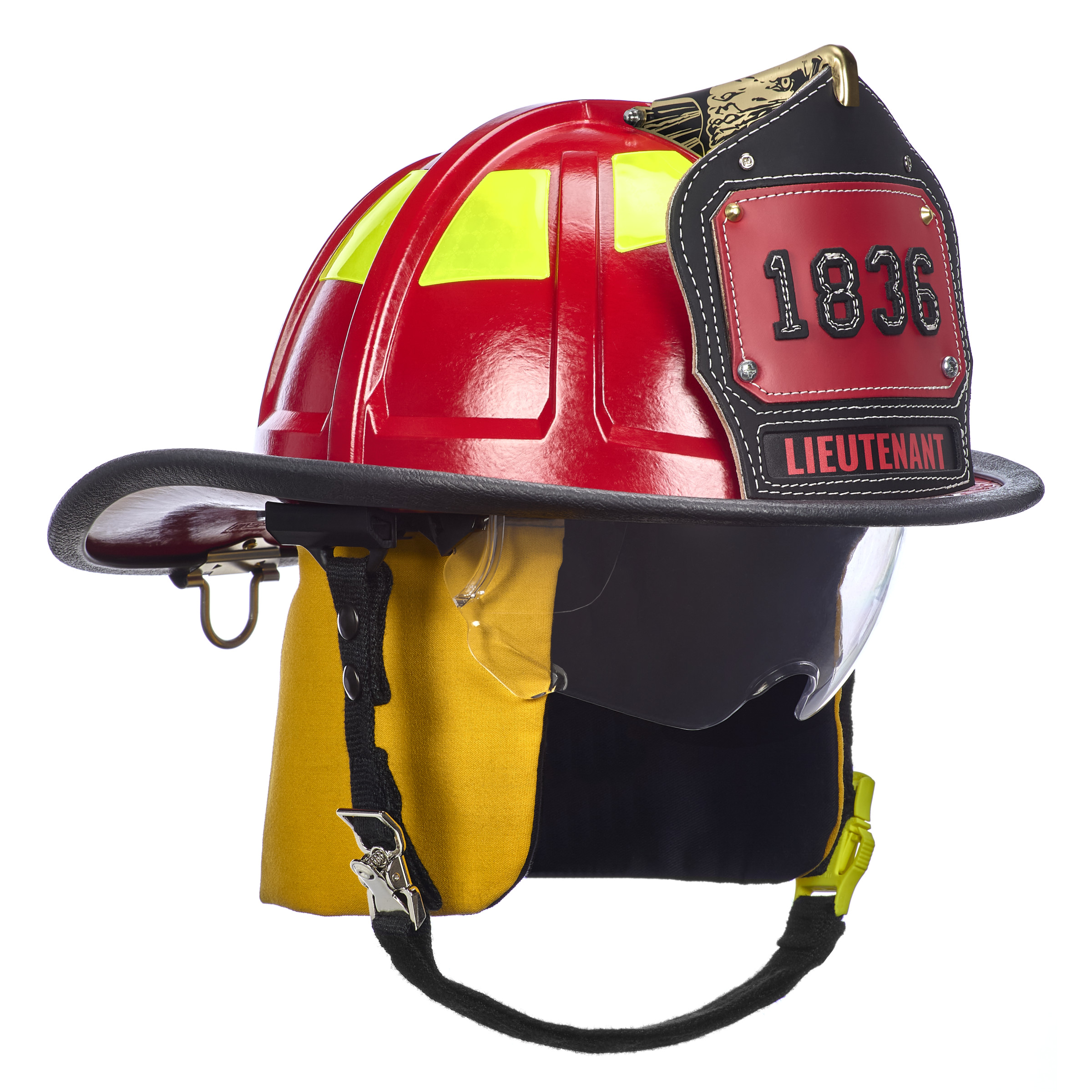 Cairns 1836 Red Fire Helmet, with standard liner, clear Defender Visor, Yellow Nomex Earlaps, 6" Silkscreen eagle, Reflexite lime yellow